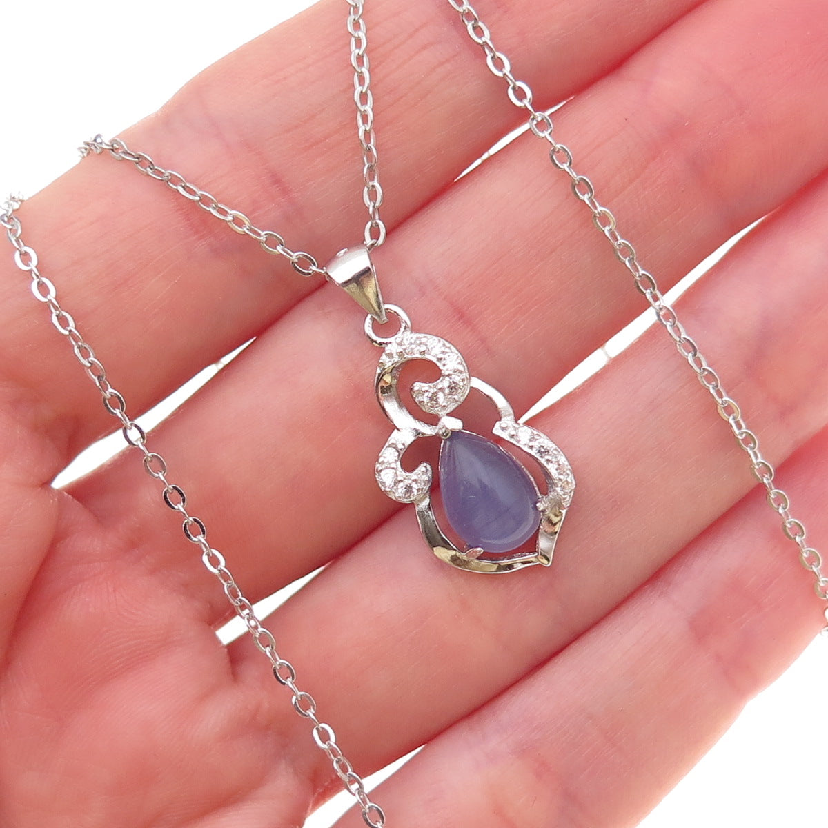 925 Sterling Silver Real Cat's Eye & C Z Cable Chain Necklace 18"