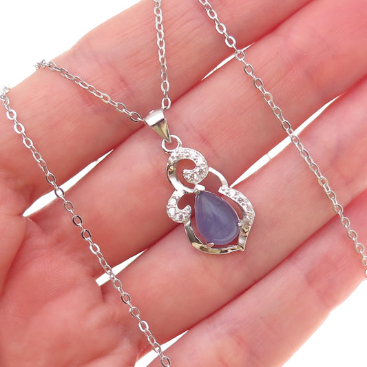 925 Sterling Silver Real Cat's Eye & C Z Cable Chain Necklace 18"