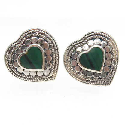 925 Sterling Silver Vintage Real Malachite Kali Heart Earrings