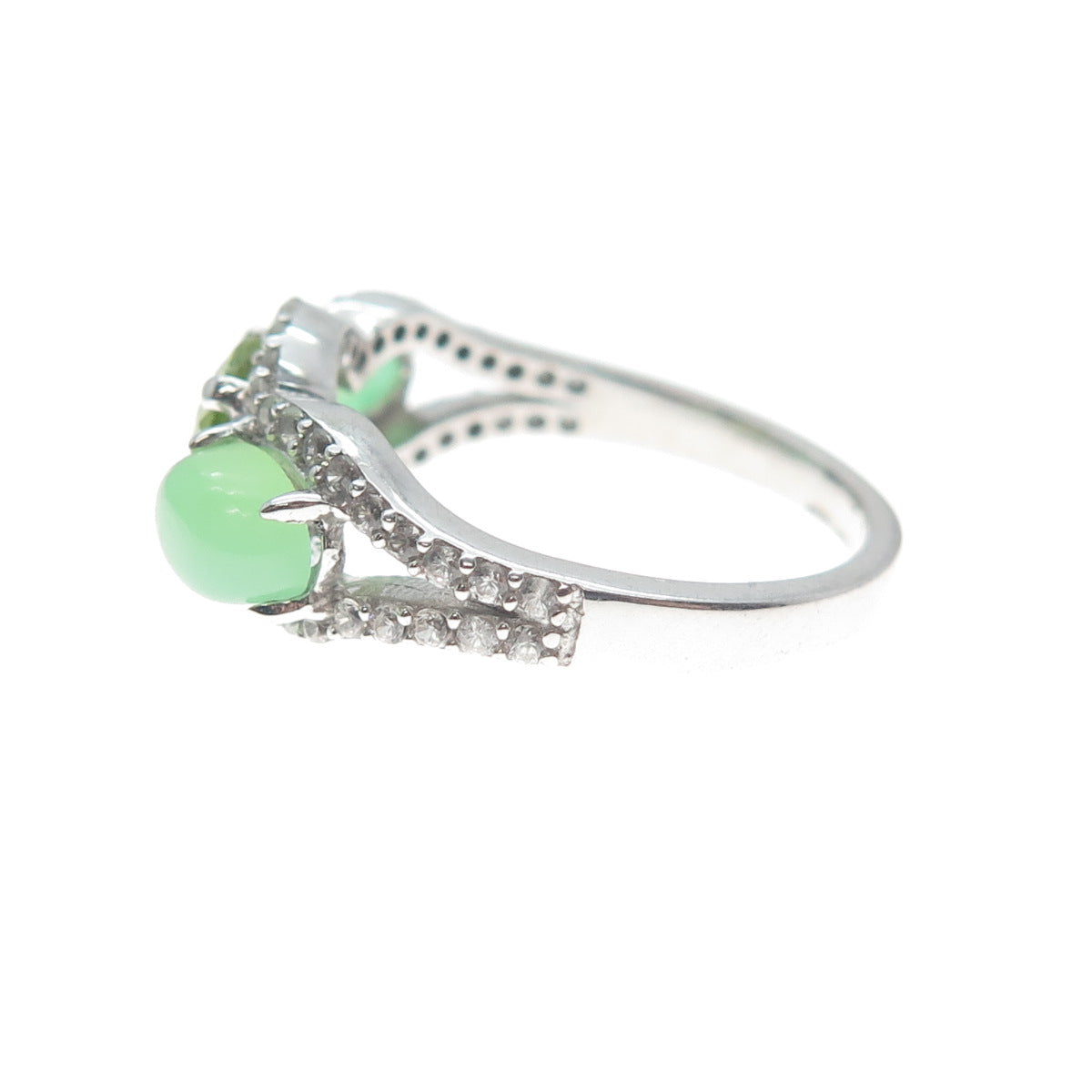 925 Sterling Silver Real Peridot Chalcedony & C Z Ring Size 7.5