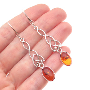 925 Sterling Silver Vintage Real Amber Celtic Trinity Dangle Earrings