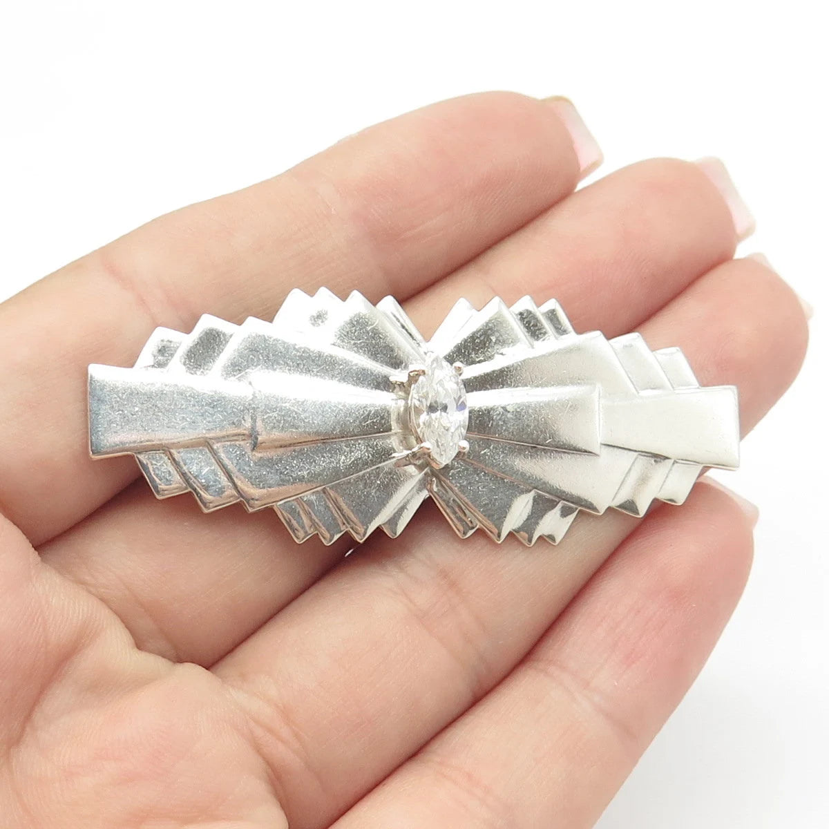 925 Sterling Silver Vintage C Z Bow Pin Brooch