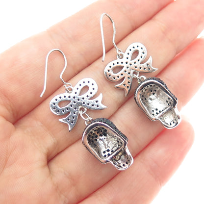 925 Sterling Silver Real Black Spinel Skull & Bow Dangle Earrings