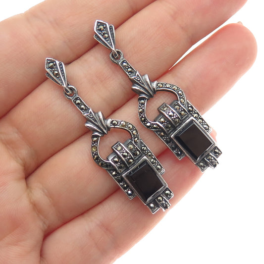 925 Sterling Silver Vintage Real Black Onyx Marcasite Earrings (missing 1 stone)
