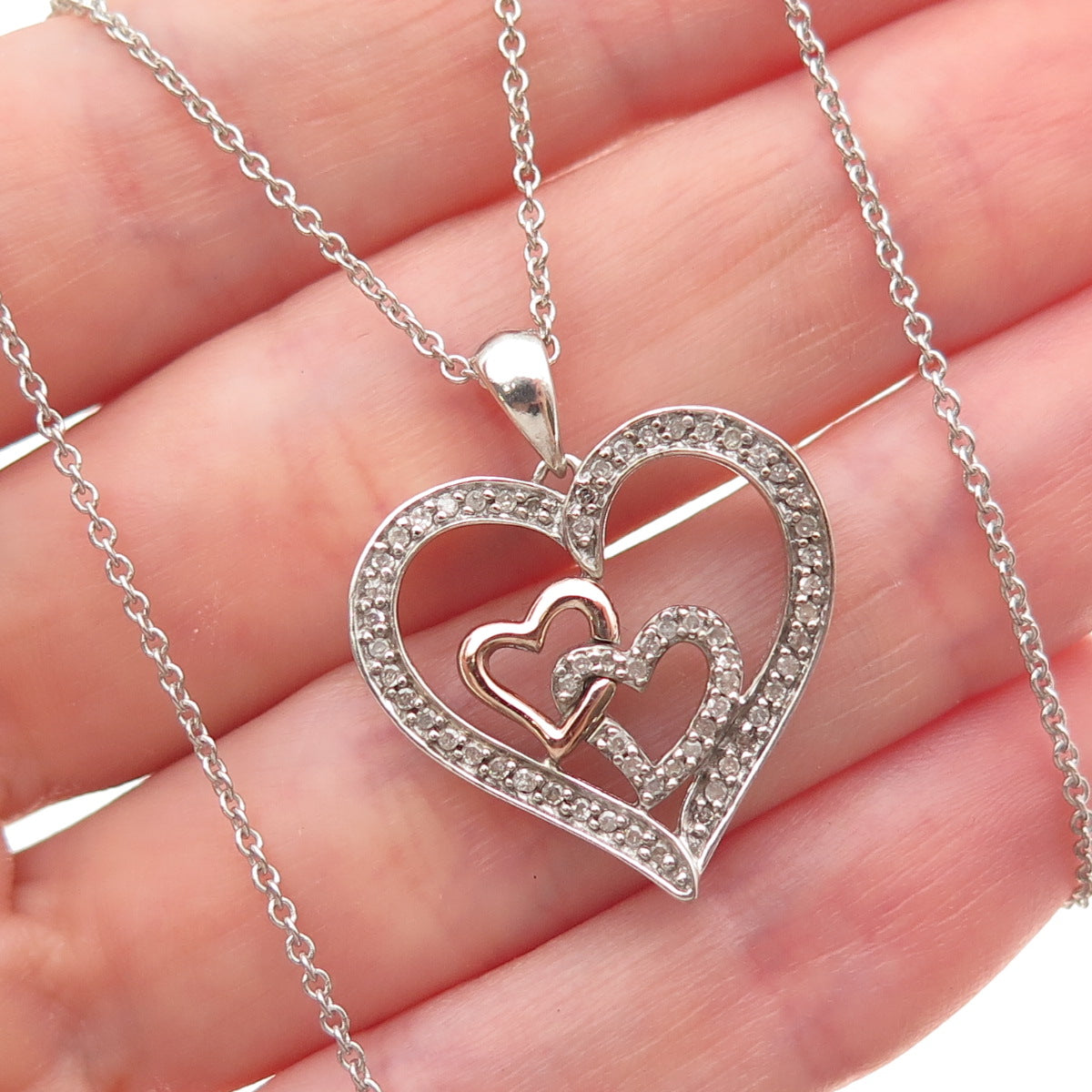 Sun 925 Sterling Silver 10K Gold Real Diamond Heart Cable Chain Necklace 18"