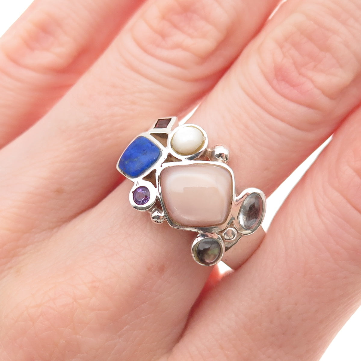 925 Sterling Silver Vintage Real MOP Amethyst Topaz Lapis Garnet Ring Size 10.25