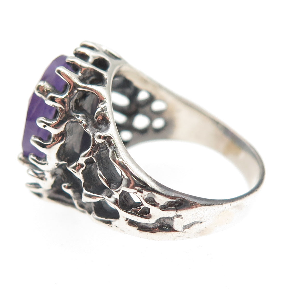 925 Sterling Silver Vintage Real Amethyst Modernist Oxidized Ring Size 8.5
