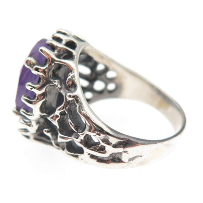 925 Sterling Silver Vintage Real Amethyst Modernist Oxidized Ring Size 8.5