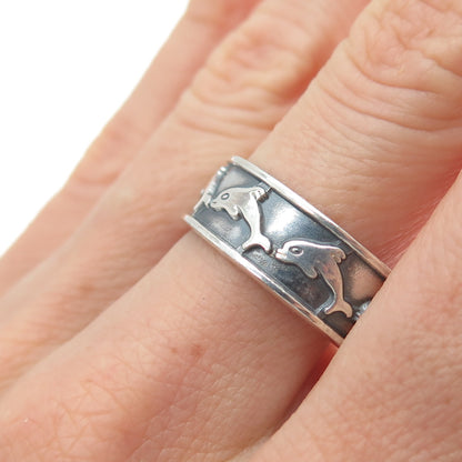 925 Sterling Silver Vintage Mexico Dolphin Oxidized Band Ring Size 10.5