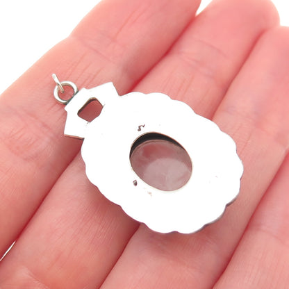 925 Sterling Silver Antique Art Deco Real Rose Quartz & Marcasite Charm Pendant