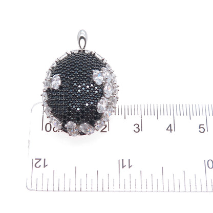 925 Sterling Silver Real Round-Cut Black Spinel & Oval-Cut C Z Charm Pendant