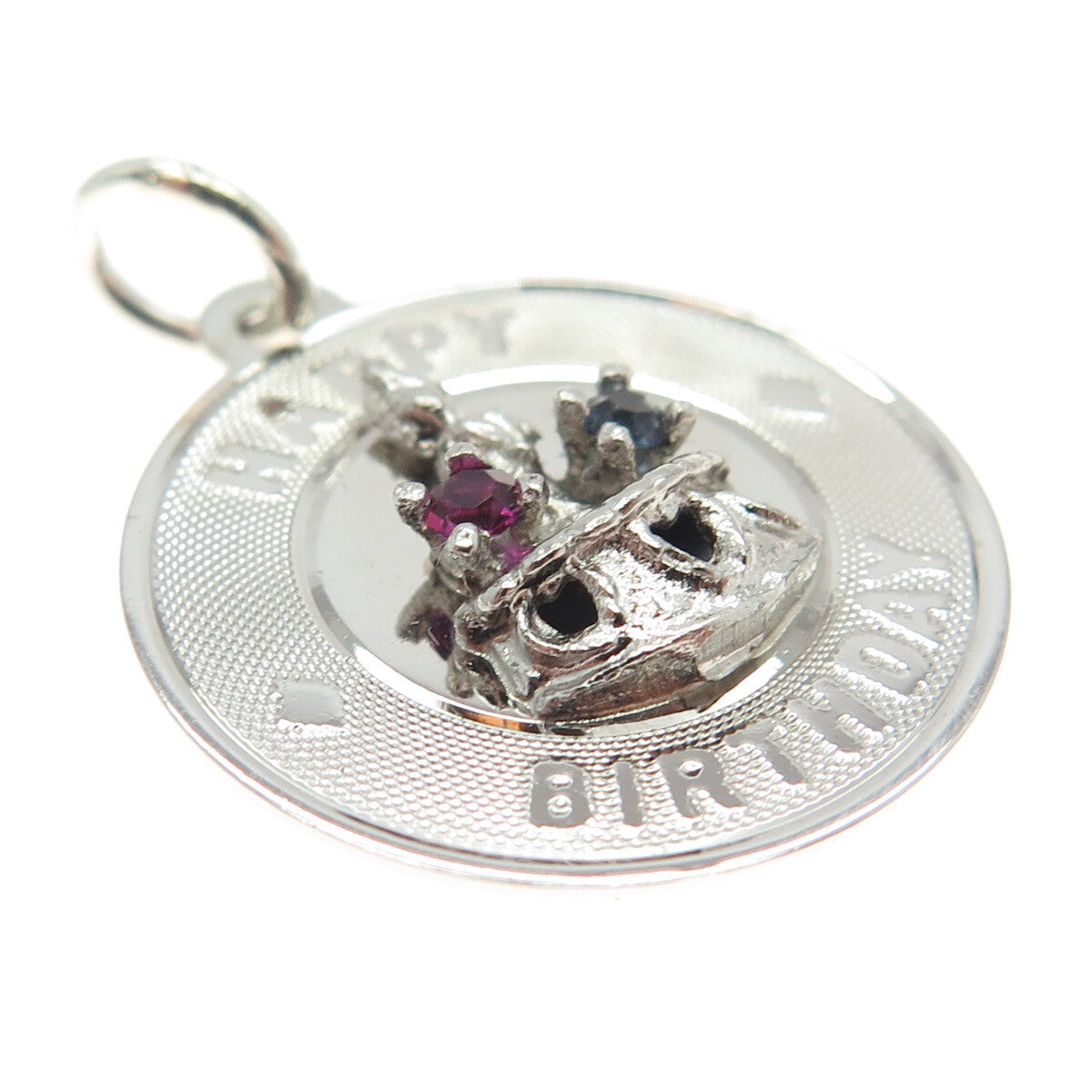 925 Sterling Silver Vintage Blue & Pink Rhinestone "Happy Birthday" Cake Pendant