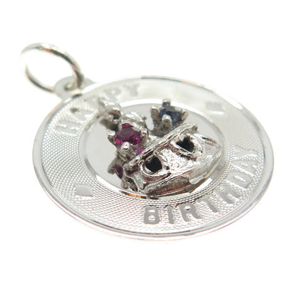 925 Sterling Silver Vintage Blue & Pink Rhinestone "Happy Birthday" Cake Pendant