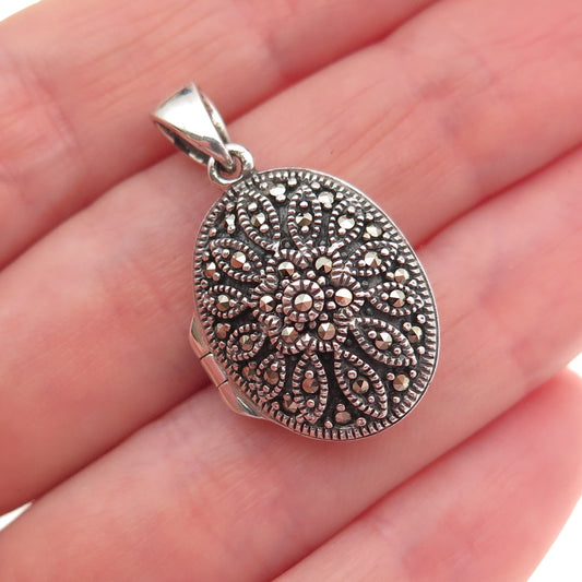 925 Sterling Silver Vintage Real Marcasite Floral Oxidized Locket Charm Pendant