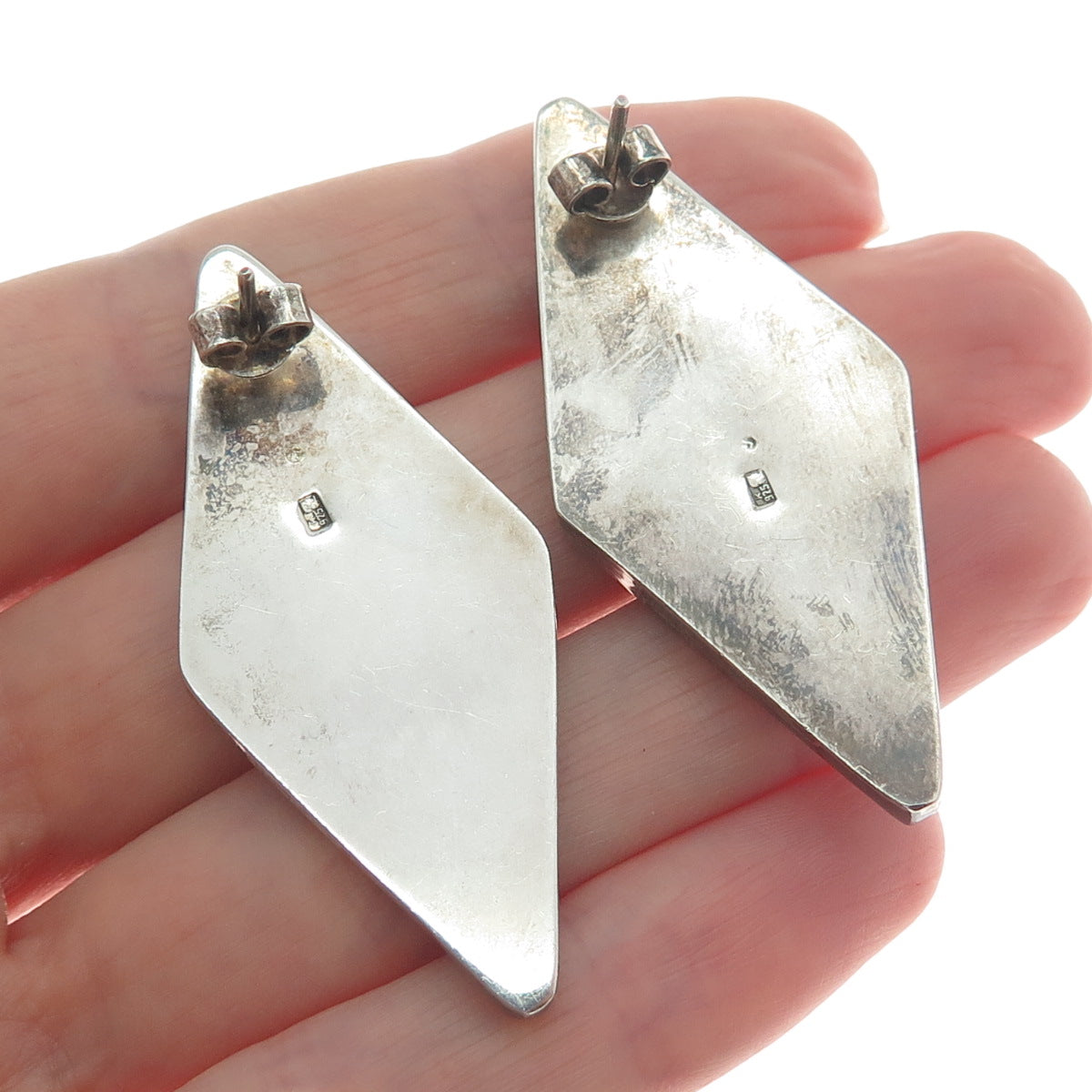 925 Sterling Silver Vintage Poland Real Hematite Modernist Oxidized Earrings