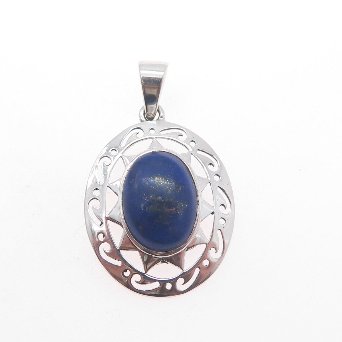 925 Sterling Silver Vintage Real Lapis Lazuli Ornate Sun Charm Pendant
