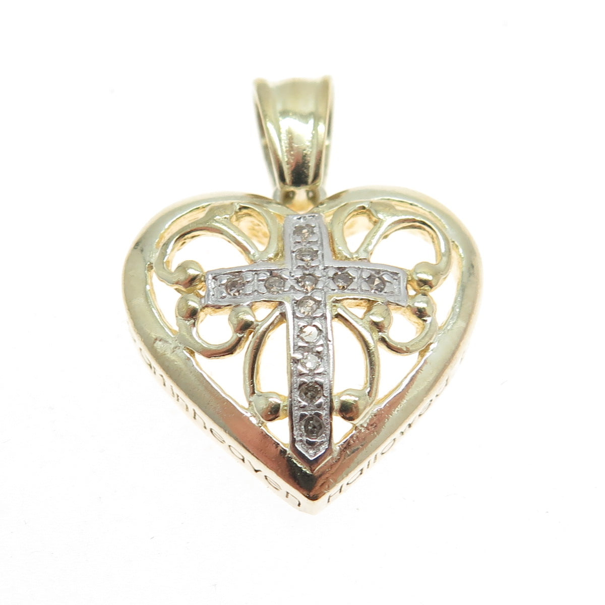 925 Sterling Silver 2-Tone Real Round-Cut Diamond Praying Heart Cross Pendant