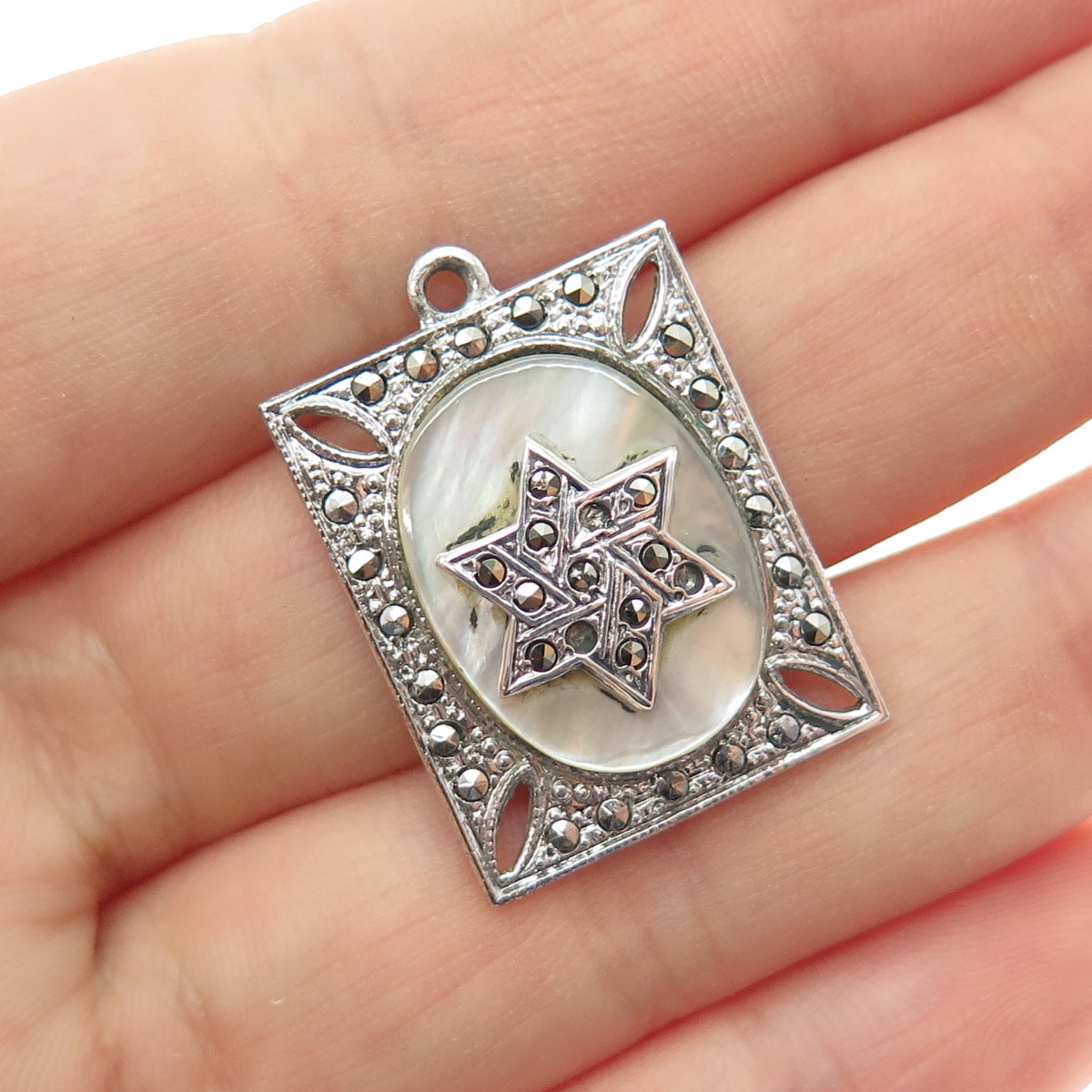 925 Sterling Antique Real MOP Marcasite Star of David Pendant (missing 3 stones)