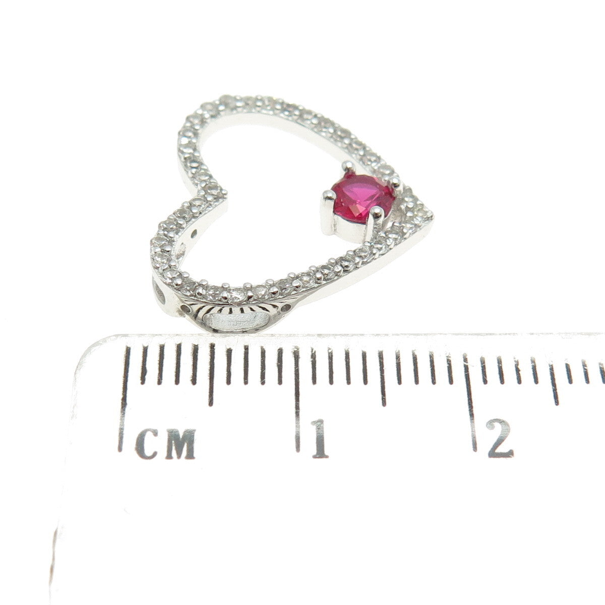 HAN 925 Sterling Silver White Topaz Gem & Lab-Created Ruby Heart Slide Pendant