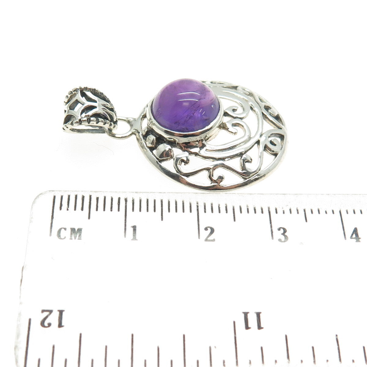 925 Sterling Silver Vintage Real Amethyst Gemstone Swirl Ornate Pendant