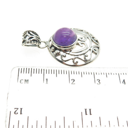 925 Sterling Silver Vintage Real Amethyst Gemstone Swirl Ornate Pendant