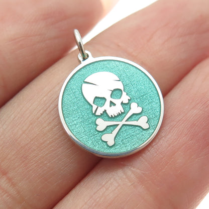 925 Sterling Silver Turquoise Enamel Crossbones Skull Minimalist Round Pendant