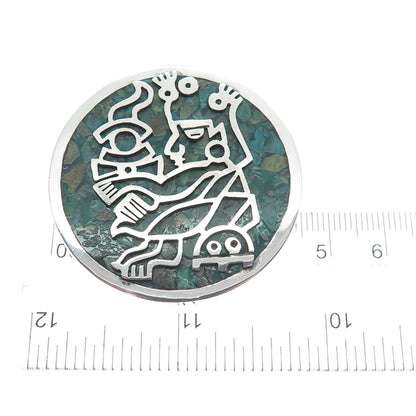 925 Sterling Silver Vintage Real Azurite Inlay Mayan Warrior Pin Pendant