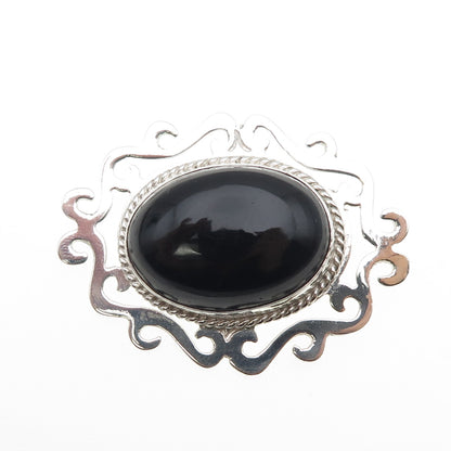 925 Sterling Silver Vintage Mexico Real Black Onyx Swirl Pin Brooch / Pendant