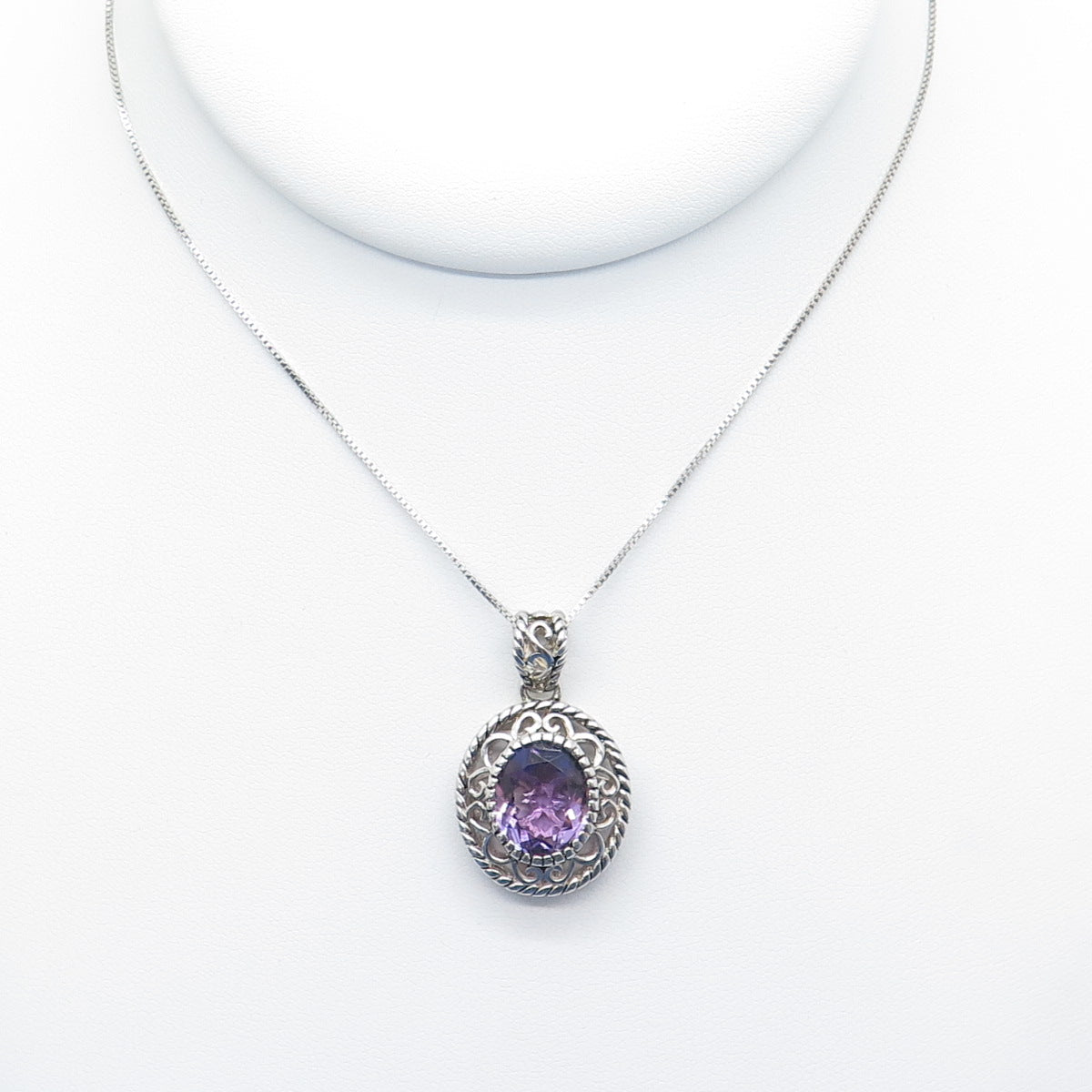 925 Sterling Silver SMK Real Amethyst Gem Swirl Pendant Box Chain Necklace 18"