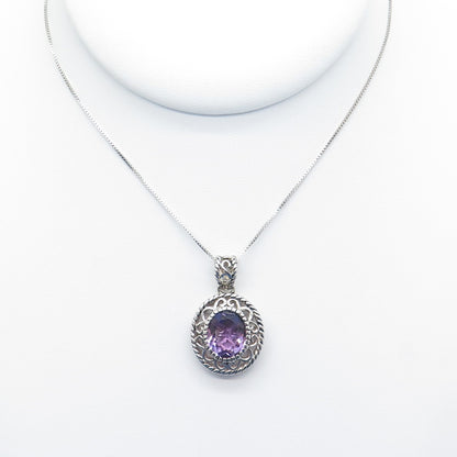925 Sterling Silver SMK Real Amethyst Gem Swirl Pendant Box Chain Necklace 18"