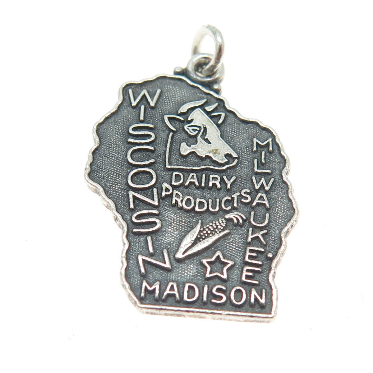 J.M. FISHER Sterling Silver Vintage Wisconsin Dairy Products Oxidized Pendant