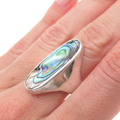 925 Sterling Silver Vintage Real Abalone Shell Modernist Oxidized Ring Size 8.5