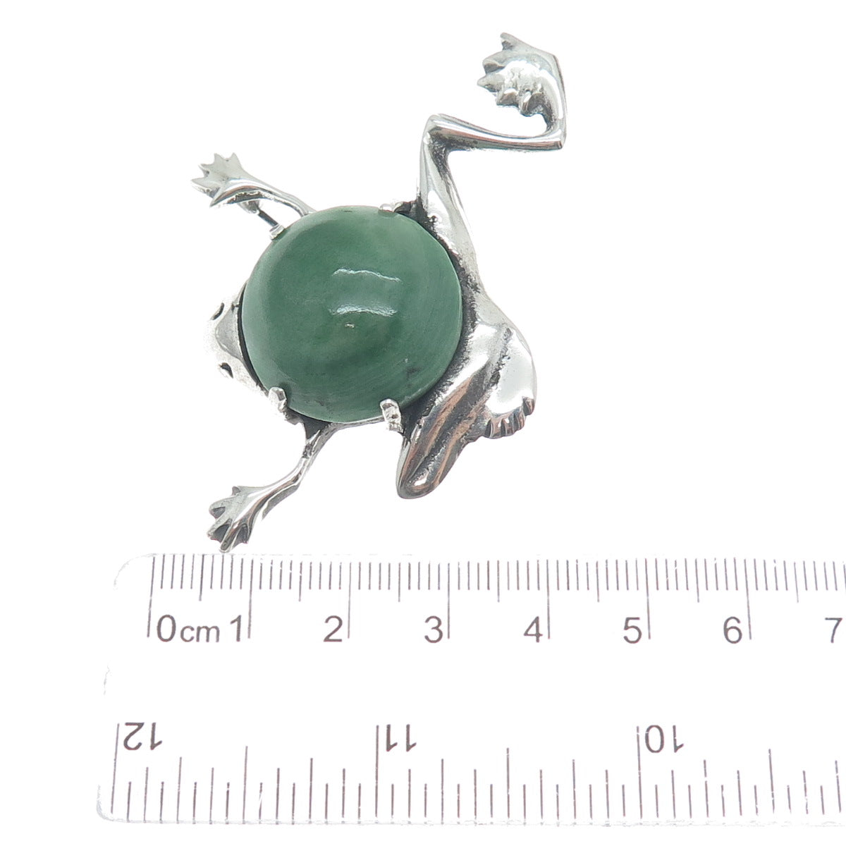 925 Sterling Silver Vintage Mexico Real Aventurine Frog Oxidized Pin Brooch