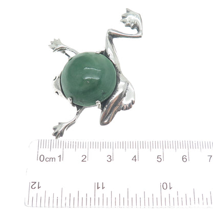 925 Sterling Silver Vintage Mexico Real Aventurine Frog Oxidized Pin Brooch