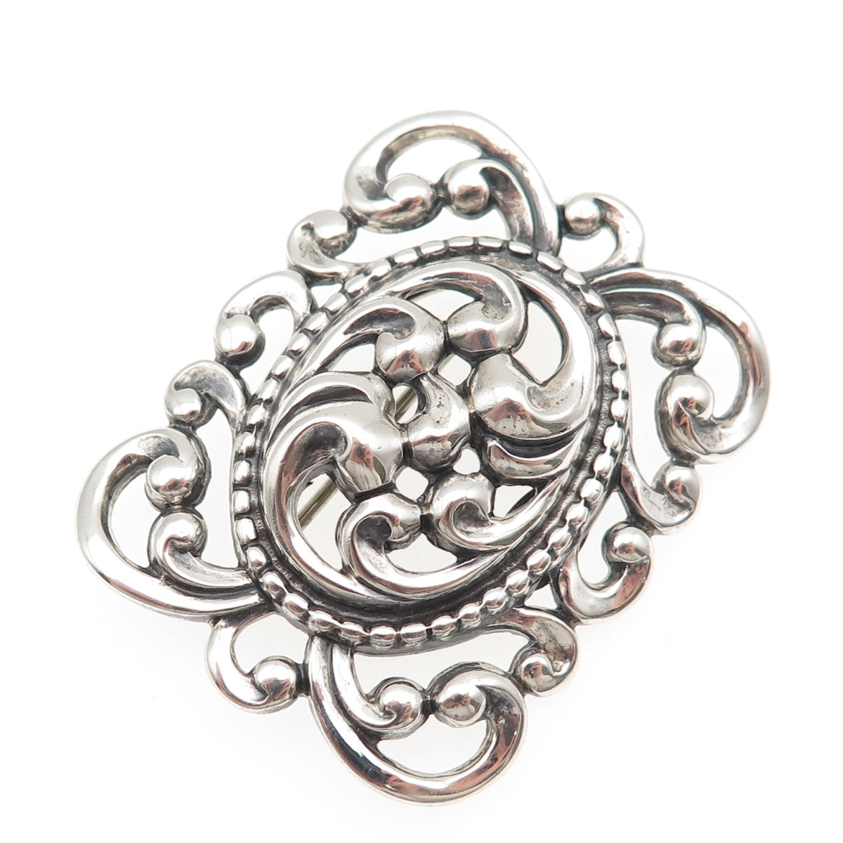 Danecraft 925 Sterling Silver Antique Art Deco Floral Scroll Oxidized Pin Brooch