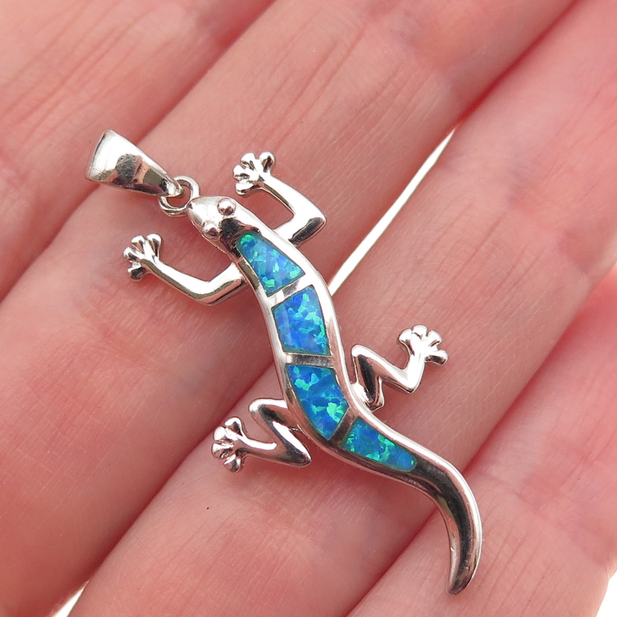 925 Sterling Silver Vintage Real Opal Lizard Charm Pendant
