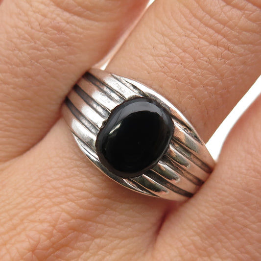 925 Sterling Silver Vintage Real Black Onyx Modernist Oxidized Ring Size 12