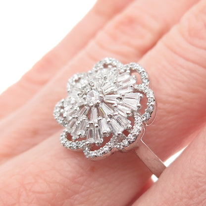 925 Sterling Silver Round & Tapered Baguette-Cut C Z Floral Ring Size 9