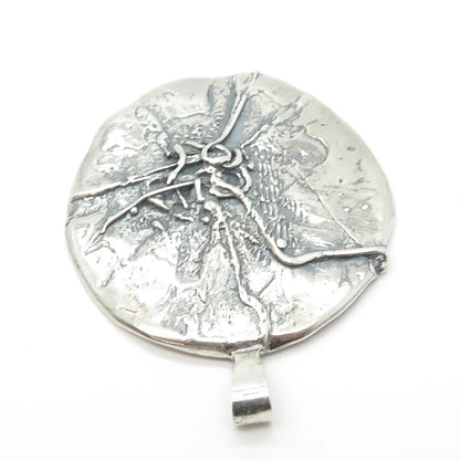 925 Sterling Silver Vintage Brutalist Modernist Large Round Pendant