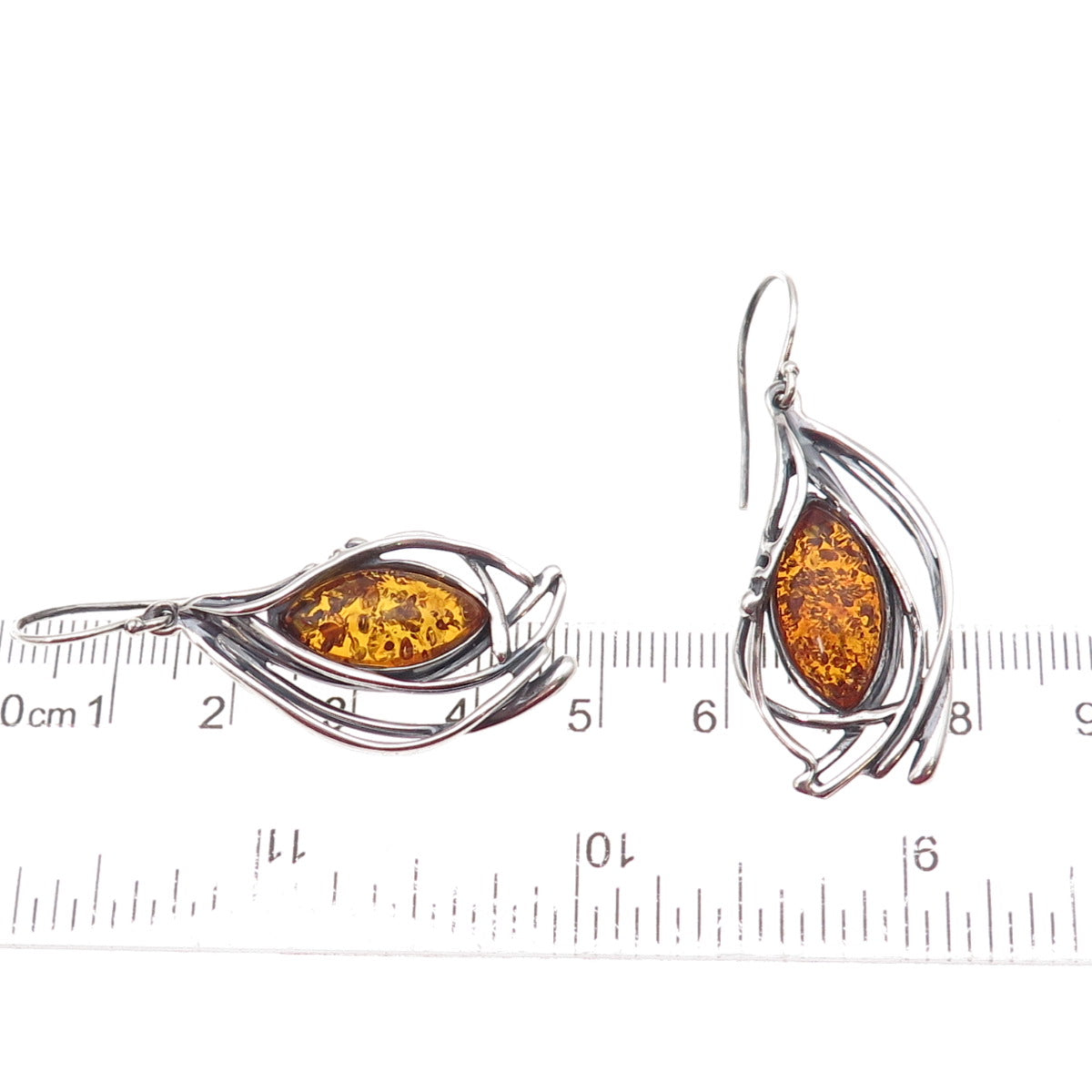 Hagit Gorali Sterling Silver Vintage Israel Real Amber Modernist Dangle Earrings