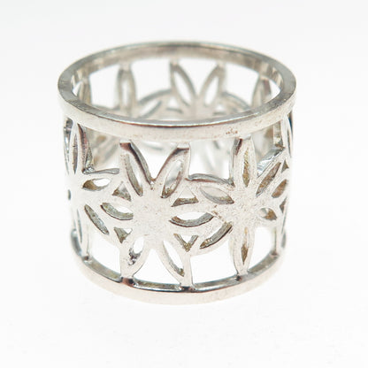 925 Sterling Silver Vintage Flower Wide Band Ring Size 7.25
