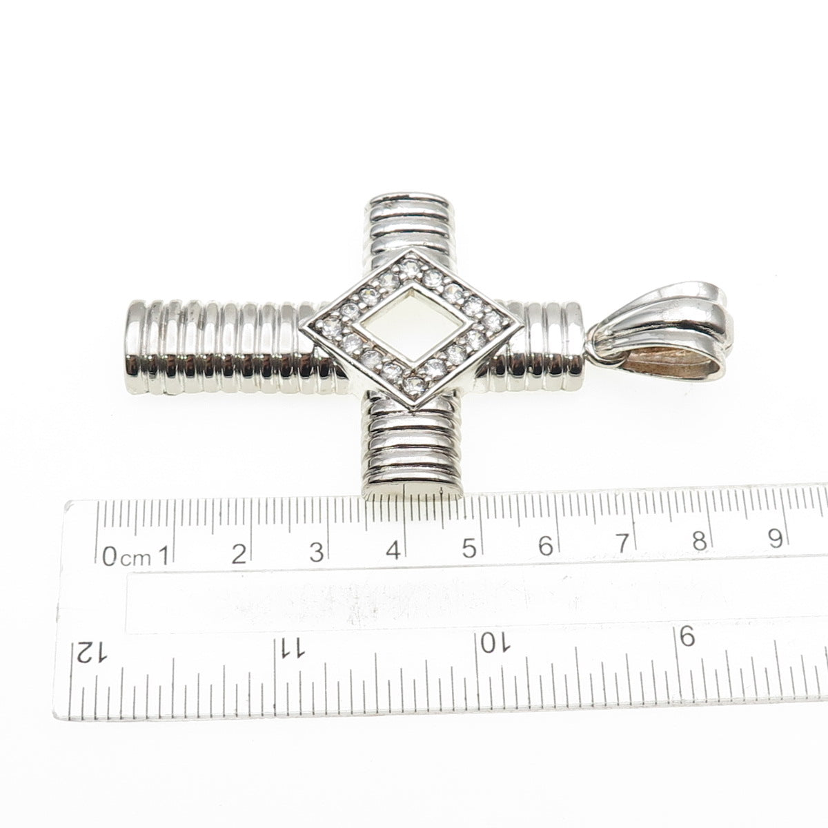 925 Sterling Silver Round-Cut C Z Ribbed Cross Large Pendant