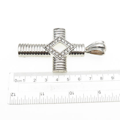 925 Sterling Silver Round-Cut C Z Ribbed Cross Large Pendant