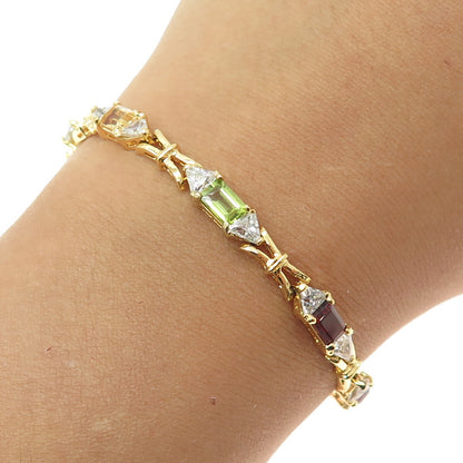 DBJ DEE BERKLE 925 Sterling Silver Gold Plated Multi-Color Gem & C Z Bracelet 7"