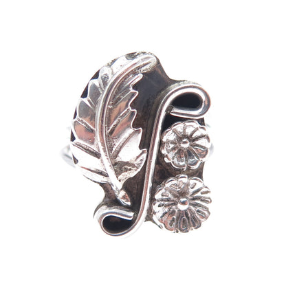 Old Pawn Sterling Silver Vintage MAH Artisan Feather & Flower Tribal Ring Size 6