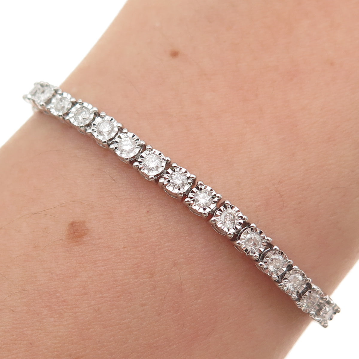 925 Sterling Silver Real Diamond Tennis Link Adjustable Bolo Bracelet 6-8.5"