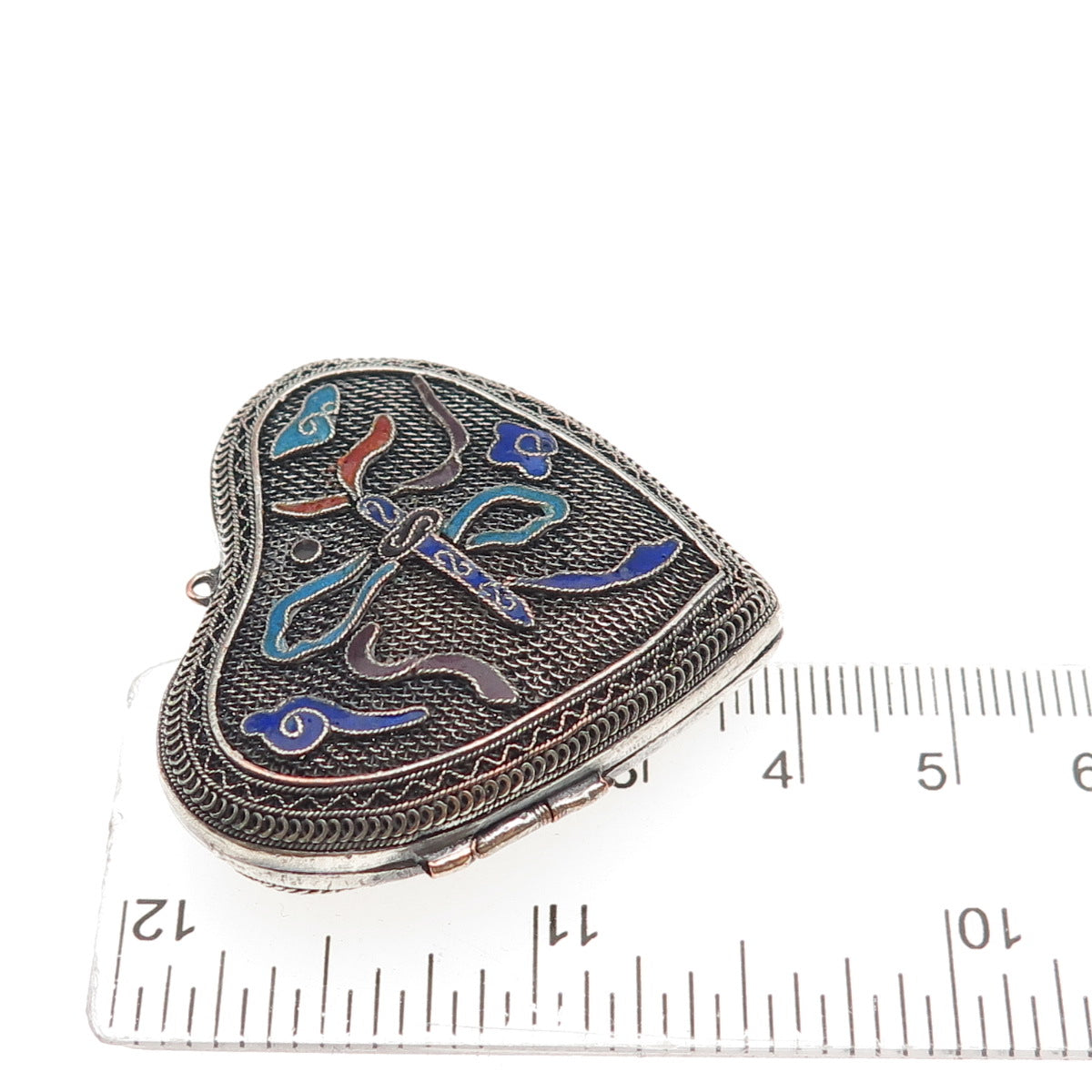 925 Sterling Silver Antique Art Deco Enamel Mesh Heart Locket Oxidized Pendant