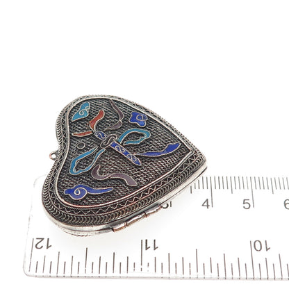 925 Sterling Silver Antique Art Deco Enamel Mesh Heart Locket Oxidized Pendant