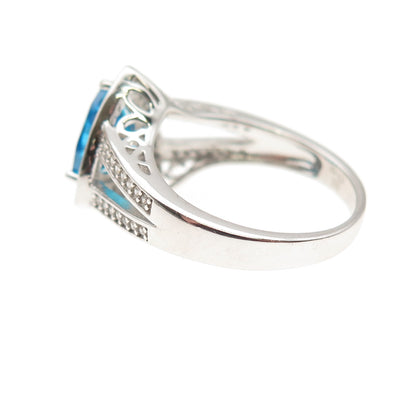 925 Sterling Silver Triangle-Cut Blue & Round-Cut White C Z Ring Size 6