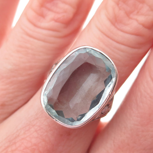 925 Sterling Antique Art Deco Real Diamond & Aquamarine Oxidized Ring Size 6.5